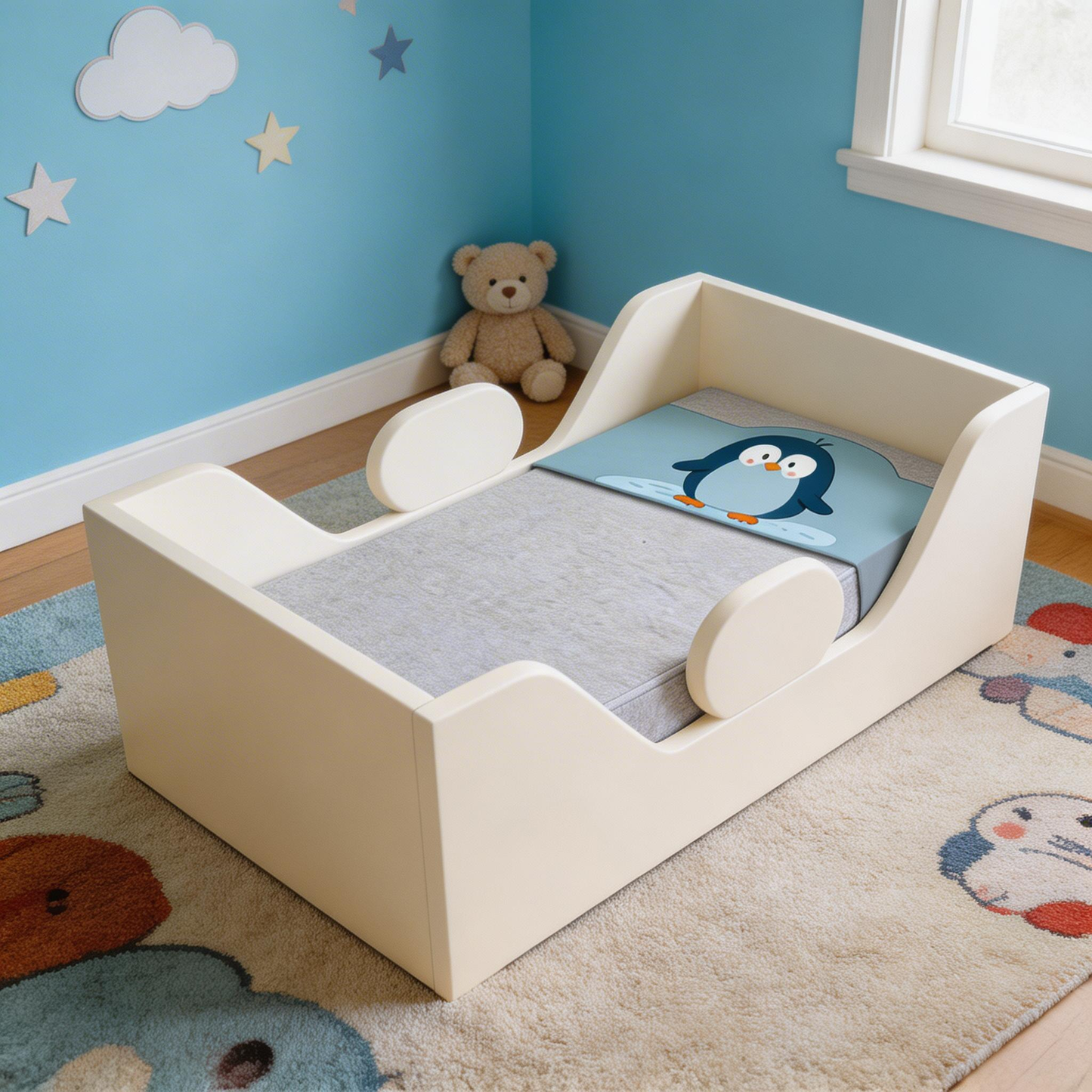 Toddler mattress placed inside Weeonekids floor bed
